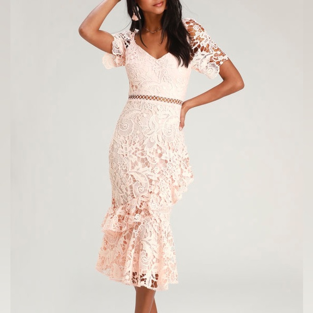 Blush Pink Lace Ruffled Midi Dress
